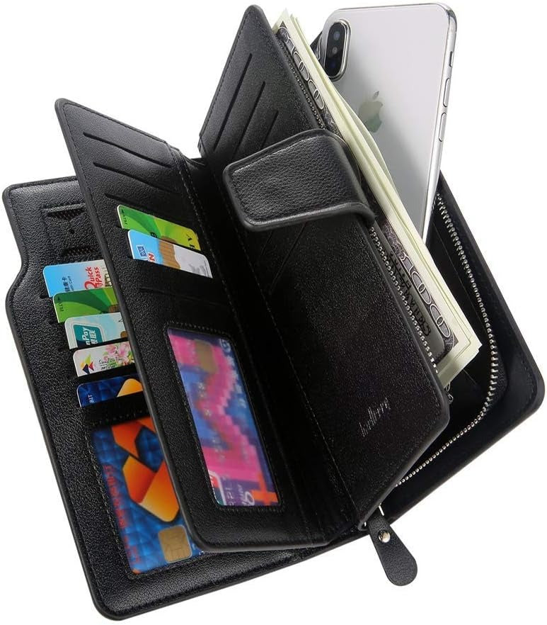 Men’s Luxury Leather Long Wallet by Baellerry – 23 Card Slots, Coin Purse & Large Capacity Zip Around (Black)