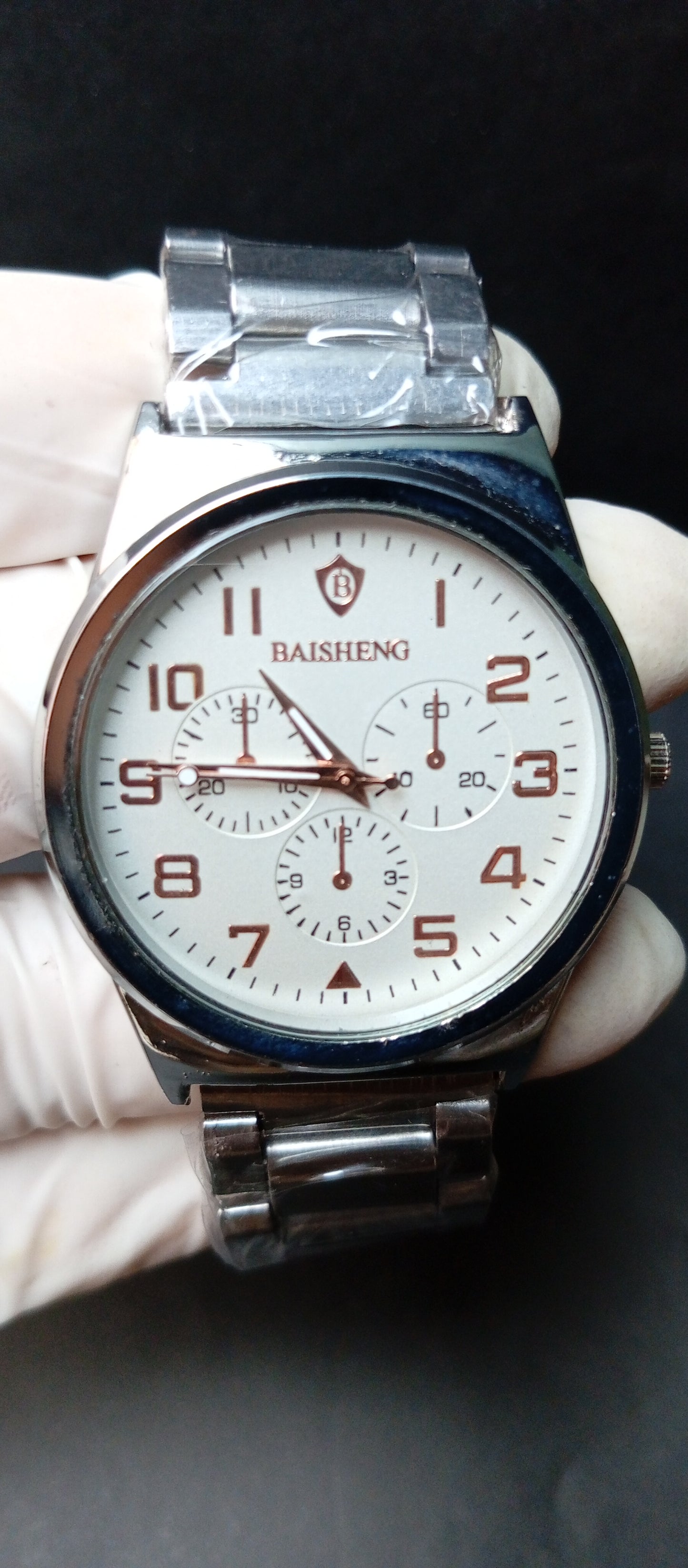Baisheng Silver Chain Watch – Beige Dial with Logo & Decorative Sub-Dials