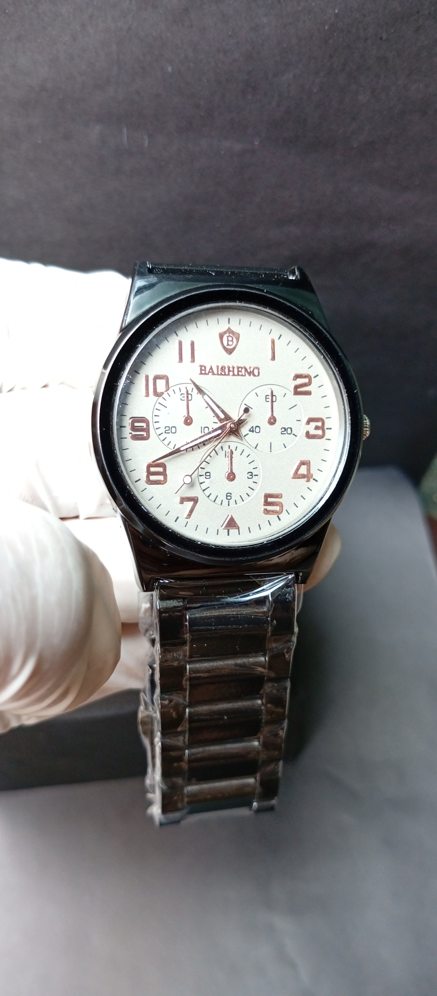 Baisheng Black & White Watch – Black Chain with Decorative Sub-Dials