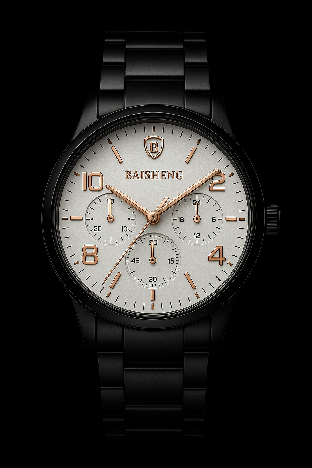 Baisheng Black & White Watch – Black Chain with Decorative Sub-Dials