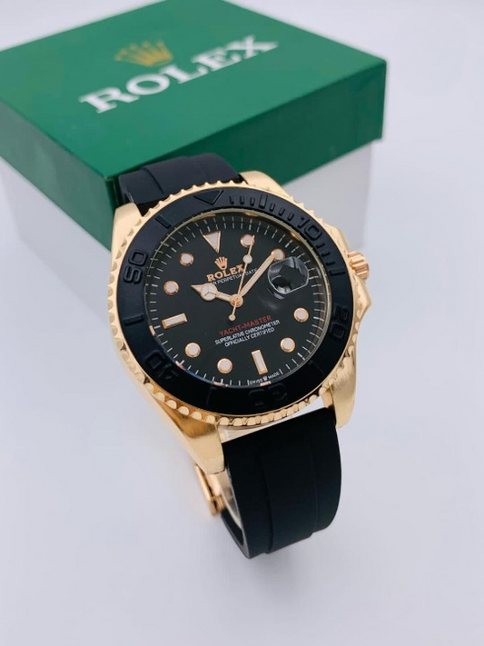 Rolex Men's Golden Stylish Watch with Adjustable Rubber Strap & Heavy Master Lock – Steel Bezel | Without Box