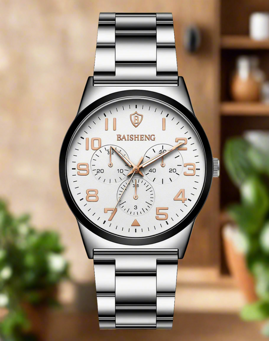 Baisheng Silver Chain Watch – Beige Dial with Logo & Decorative Sub-Dials