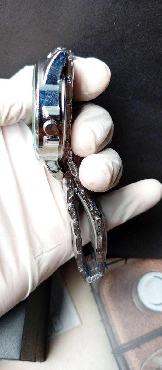 Rolex Inspired Silver Chain Watch – Blue Dial with Quartz Marking