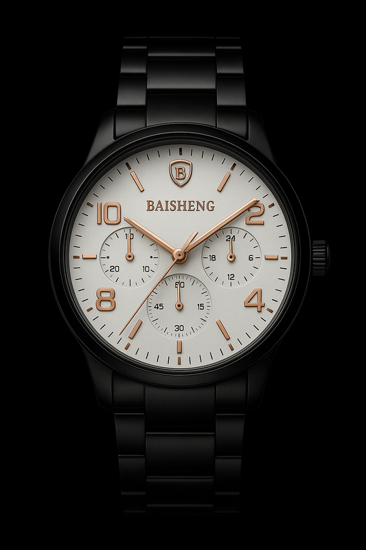 Baisheng Black & White Watch – Black Chain with Decorative Sub-Dials