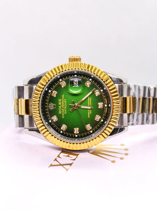 Luxury Green Dial Diamond Watch – Two Tone Gold & Silver